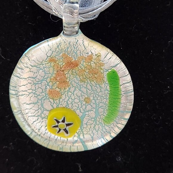 Hand Crafted Ribbon Cord Pendant Necklace Dichronic Glass Gray Turquoise - Picture 3 of 6